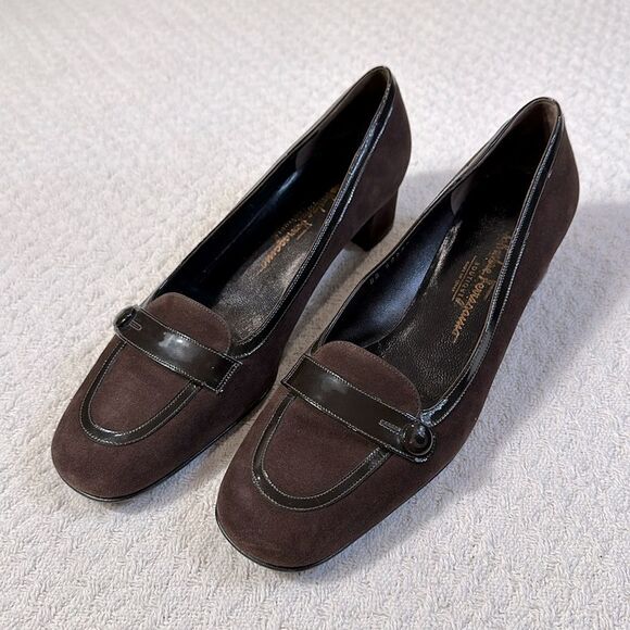Salvatore Ferragamo Dark Brown Suede Patent Leather Block Heel Pumps Size 9.5 B - Picture 1 of 8